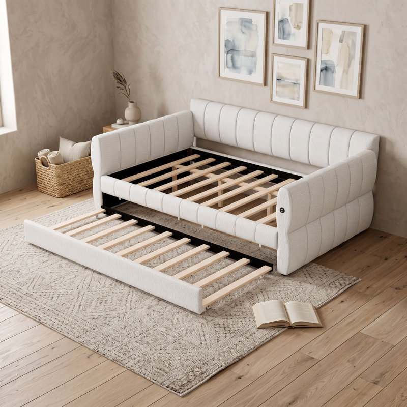 Grand lit de jour rembourré avec lit gigogne simple TG et port USB, Blanc