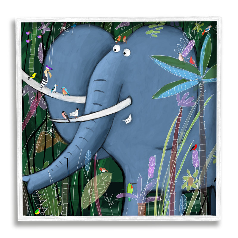Éléphant, safari, art pour enfants, H 24 po x l 24 po x P 1,5 po, Giclée encadrée blanc bord de mer