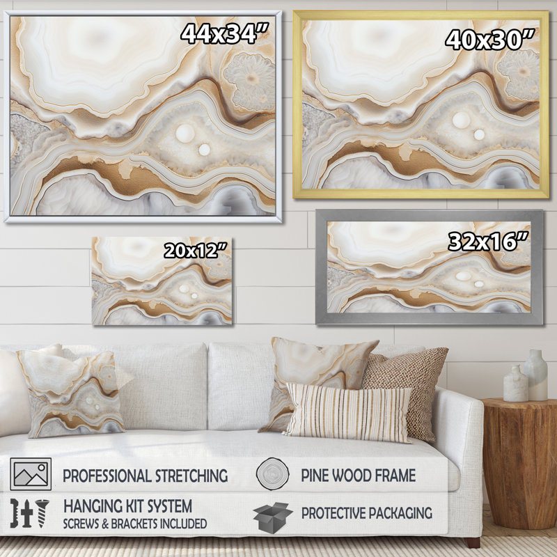 Géode de paysage de pierre beige et doré sur fond de minimalisme, H 34 po x l 44 po x P 1,5 po, Cadre flottant doré