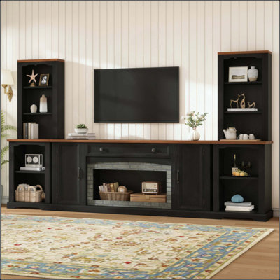 Ensemble de meuble télé 3 pièces avec armoires latérales incurvées pour téléviseur de 70 po ou moins, centre de divertissement de style campagnard avec tablettes, buffet élégant avec tiroir, tablettes réglables, pour le salon