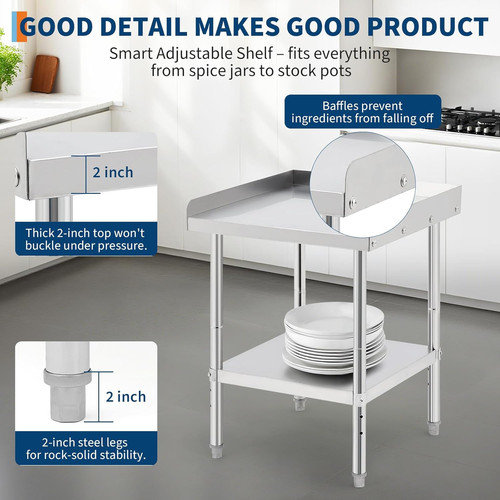 NSF Stainless Steel Grill Stand Table 400lb Capacity with Adjustable Legs & 2" Baffle for Kitchen, 30" H x 48" L x 30" W