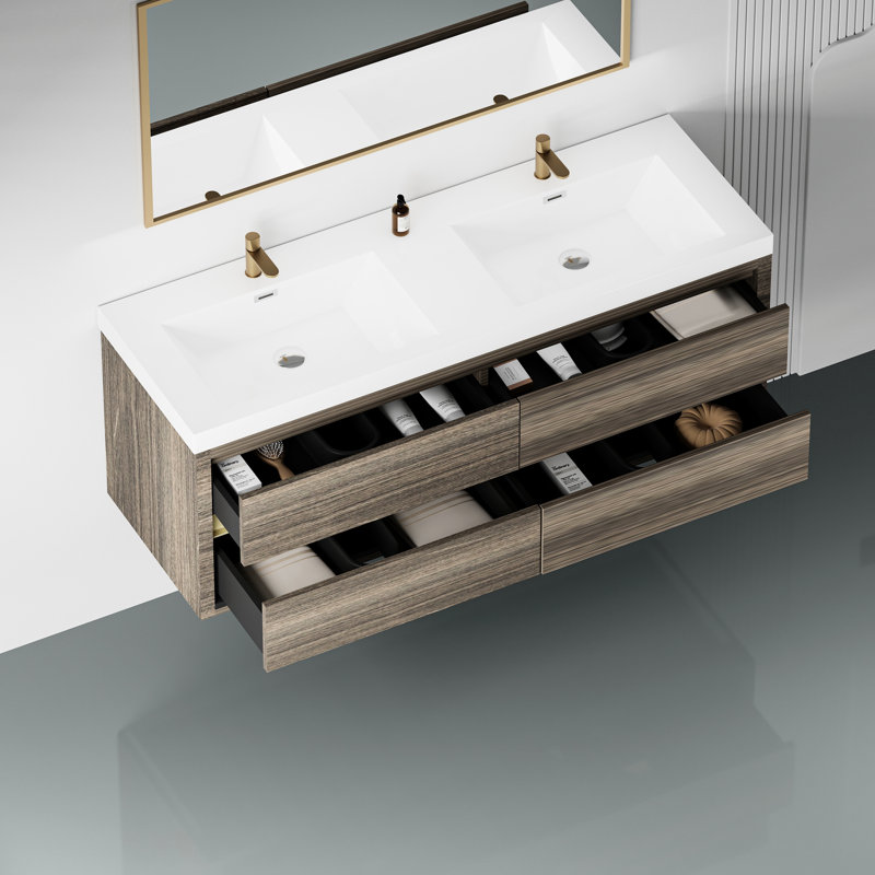 Meuble-lavabo de 60 po avec lavabo double, gris cendré et comptoir en pierre