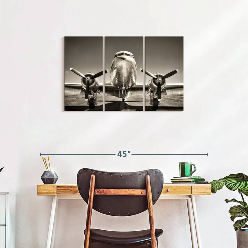 Avion noir et blanc rétro - impression sur toile tendue 3 pièces, H 20 po x l 33 po x P 1,25 po