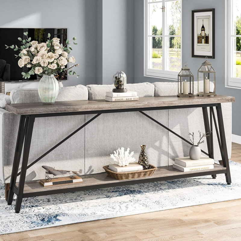 70.9” Modern Industrial Sofa Table, Gray/Black, Gray