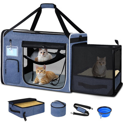 Side Expandable Extra Large Cat Carrier With Litter Box Area For Long Distance Car Travel,24"X17"X17" Collapsible Soft-Sided Large Pet Carrier With Zipper Locks For 2 Cats Under 55LBS(Blue)
