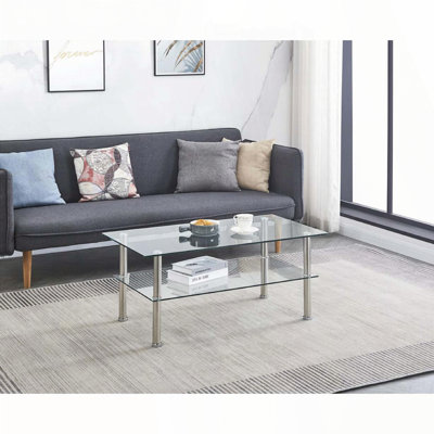 Table basse 2 couches en verre trempé avec structure en métal - Design moderne