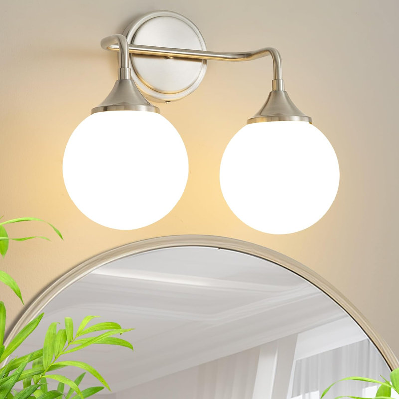 Modern Bathroom Light Fixture With Milky White Glass Shades, Mid Century Vanity Lighting Over Mirror, Wall Sconce 2-Light For Warm Ambiance
