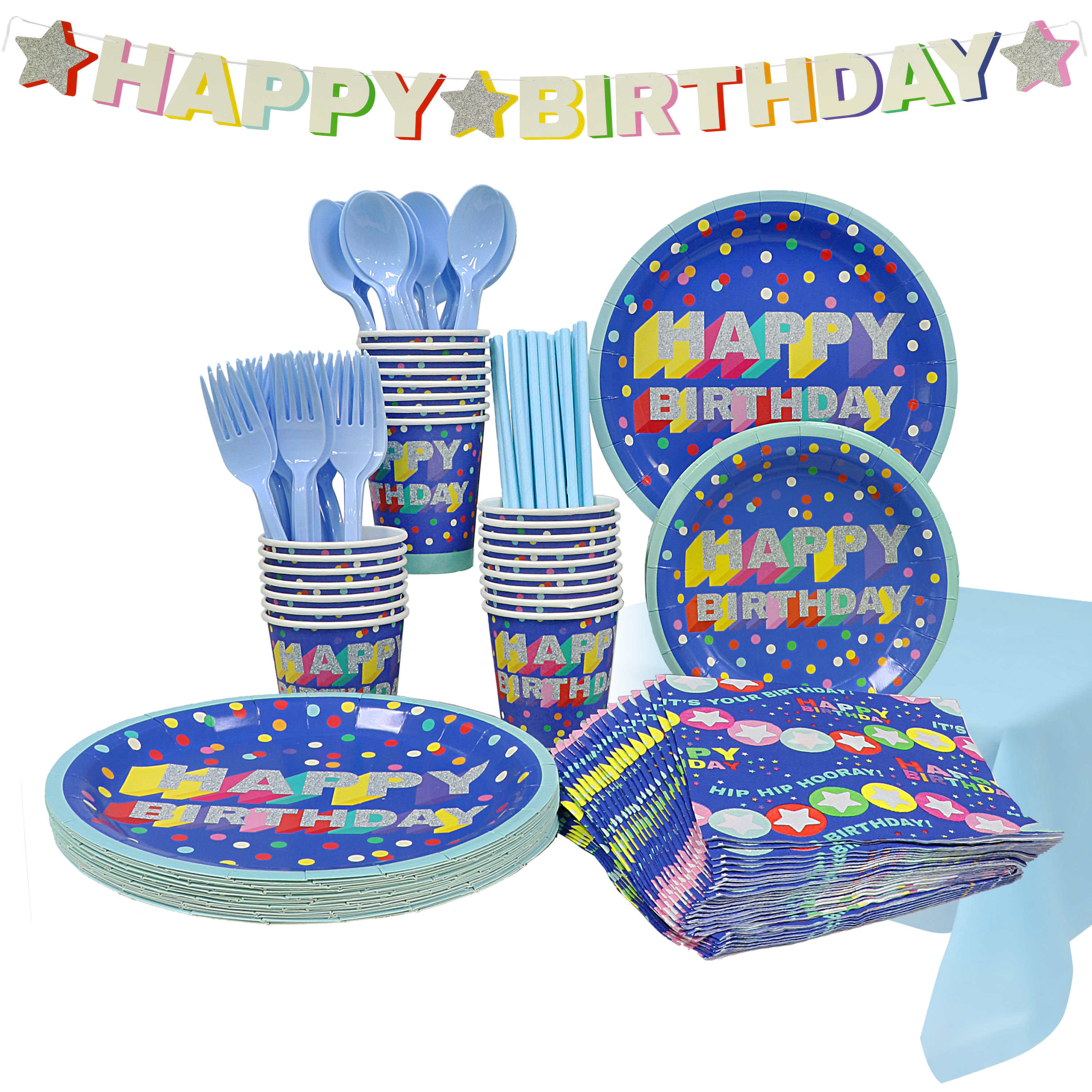 Puleo Disposable Plastic Birthday Party Supplies Kit for 24 Guests ...