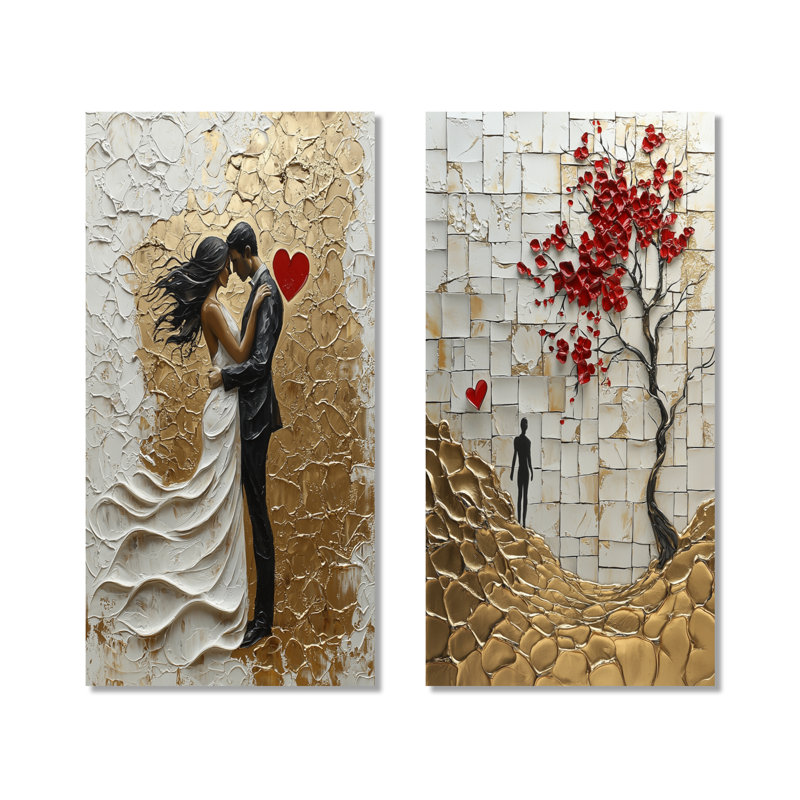 Or, rouge, tango argentin, couple romantique, ensemble d'art mural 2 pièces, H 28 po x l 24 po, Toile tendue