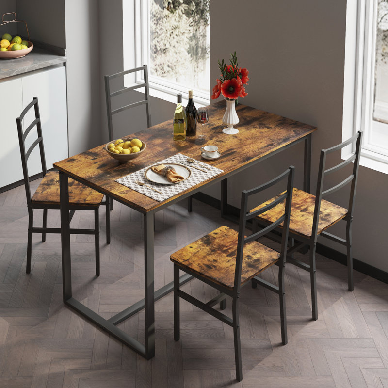 Ensemble de table et de chaises cinq pièces avec dossier, style industriel, structure solide, Brun, Brun / Noir