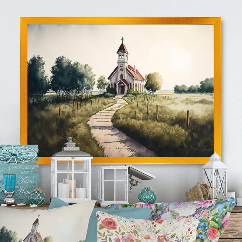 «Winding Path To Church III», art mural sur toile, H 24 po x l 32 po x P 1 po, Toile à cadre flottant doré