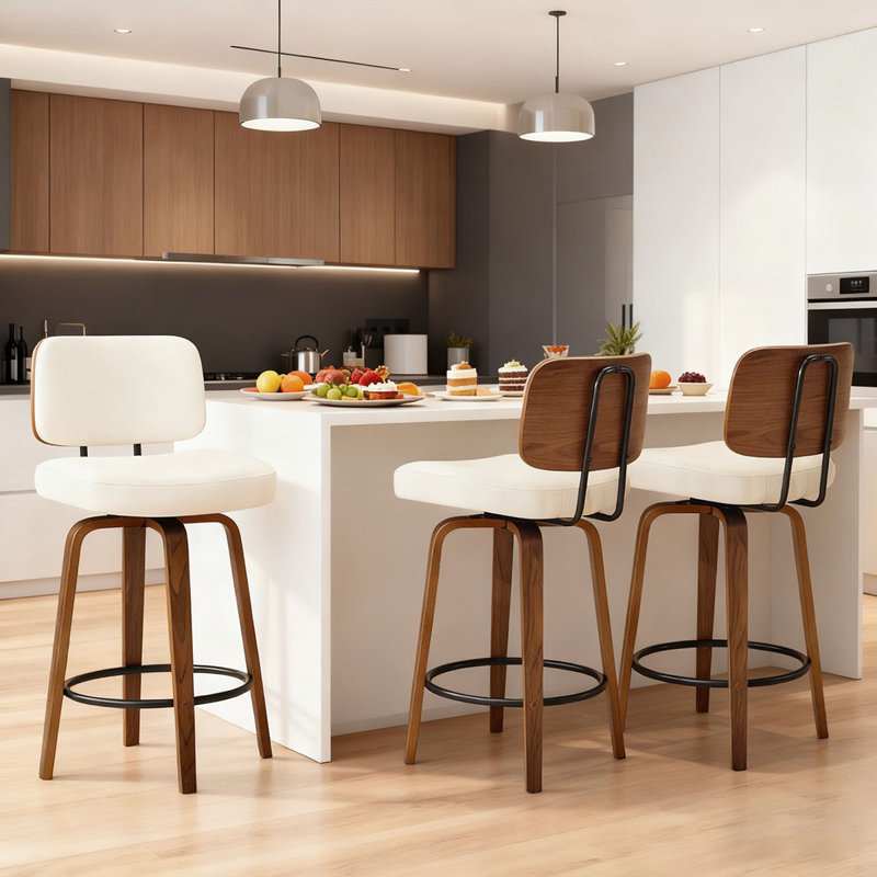 27" Set of 3 Swivel Faux Leather Counter Height Bar Stools with Backrest,Cream White, Cream/White, 3