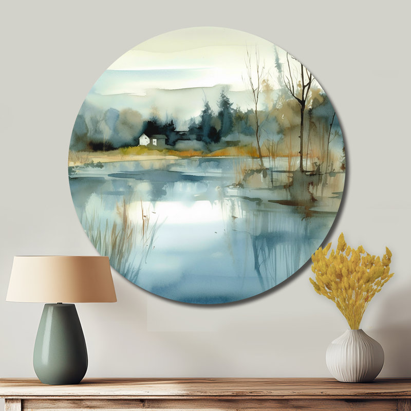Été, paysage de lac Illustration V - chalet rond, art en métal, H 16 po x l 16 po