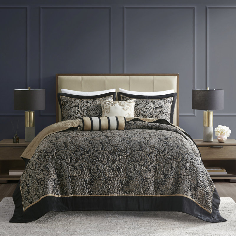 Couvre-lit 5 pièces pour grand lit - noir avec broderie et motif de cachemire à bordure unie