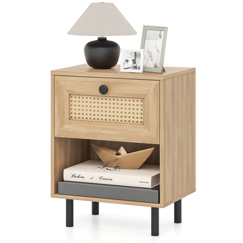 1 PCS Rattan Nightstand Boho End Table with Drawer & Open Shelf for Living Room Natural, Individual, Natural