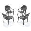 Ensemble de 4 chaises de jardin en aluminium moulé, structure noire, coussins rouges, motifs pétales raffinés, revêtement, assise confortable, empilables pour plus de commodité, résistantes aux intempéries et aux UV, en nylon PA66 antidérapant.
