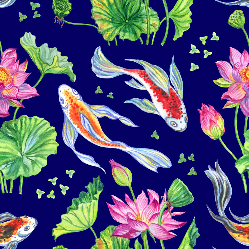 Claribel Lotus And Fish - Wrapped Canvas Print, 30cm H x 30cm W x 3.8cm D