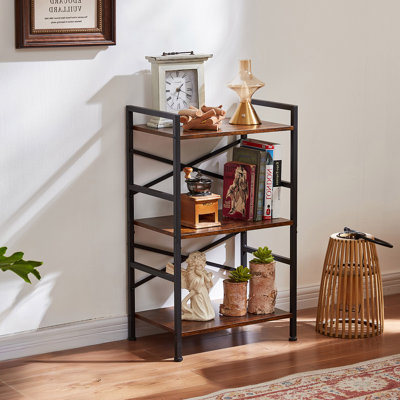 3-Tier Industrial Bookshelf, Rustic Wood and Metal Bookcase, Small Space Storage Shelf for Living Room, Bedroom, or Office