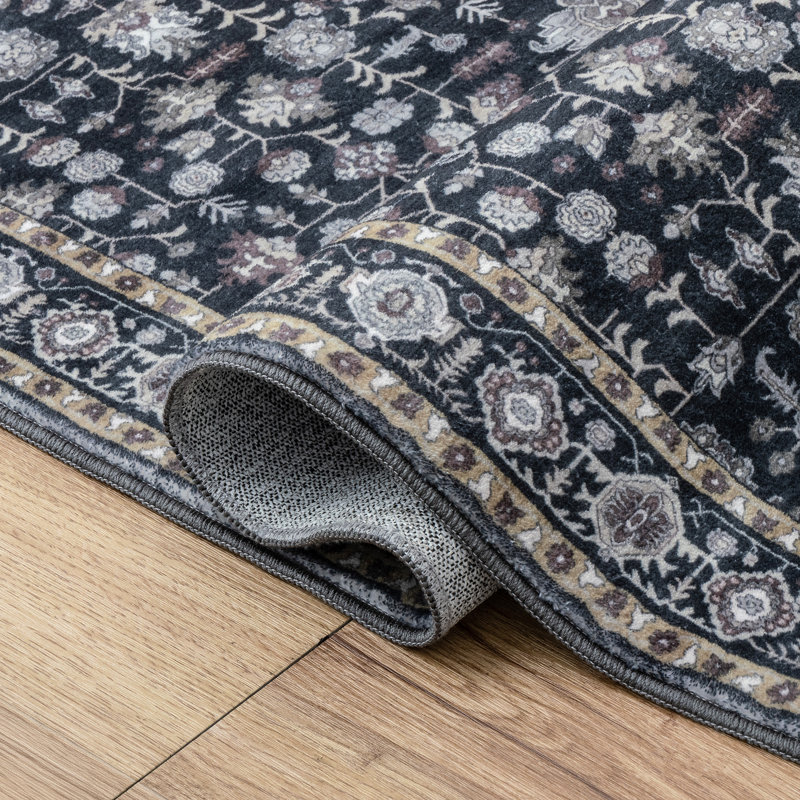 Subtlety Medallion All-Over Floral Border Non-Slip Machine-Washable Rug, Charcoal/Ivory, Rectangulaire 3 pi x 5 pi