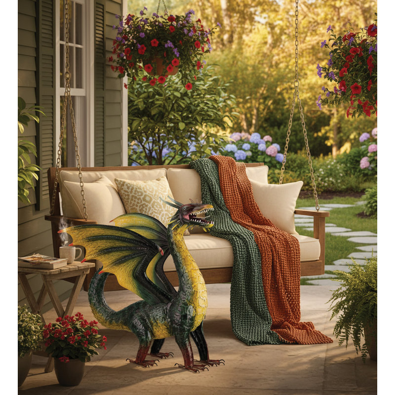 Statue de jardin dragon en métal 30 po avec peinture tridimensionnelle détaillée et résistante aux intempéries, Vert