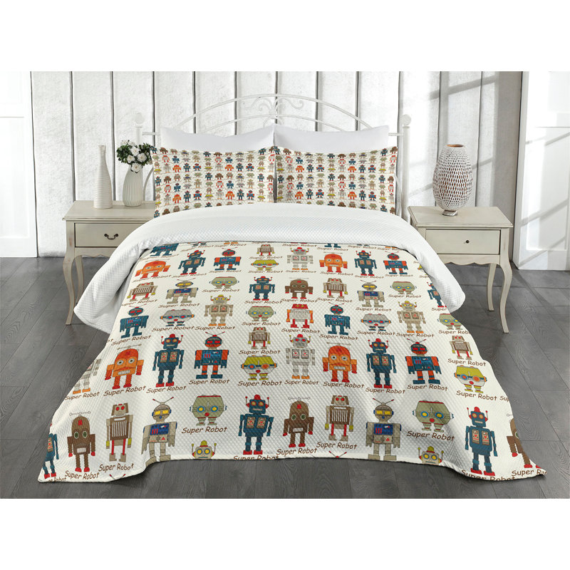 White Quilted Kids Unisex Robot Queen Bedspread Set