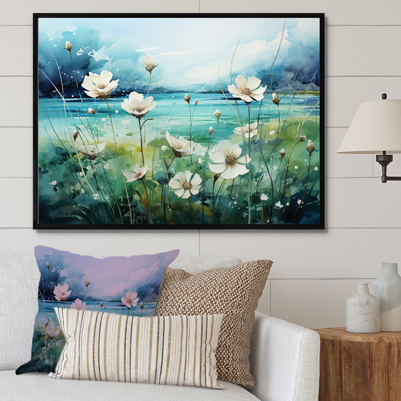 «Misty Flower Meadows II», reproduction sur toile, H 16 po x l 32 po x P 1 po, Cadre flottant noir
