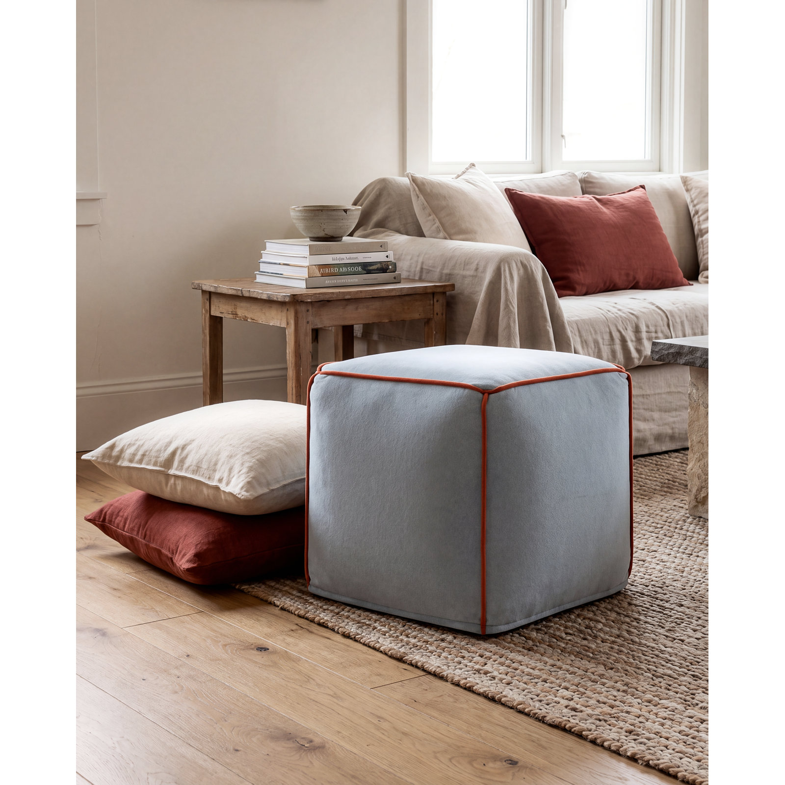 Ackerly Upholstered Pouf, Blue/Red