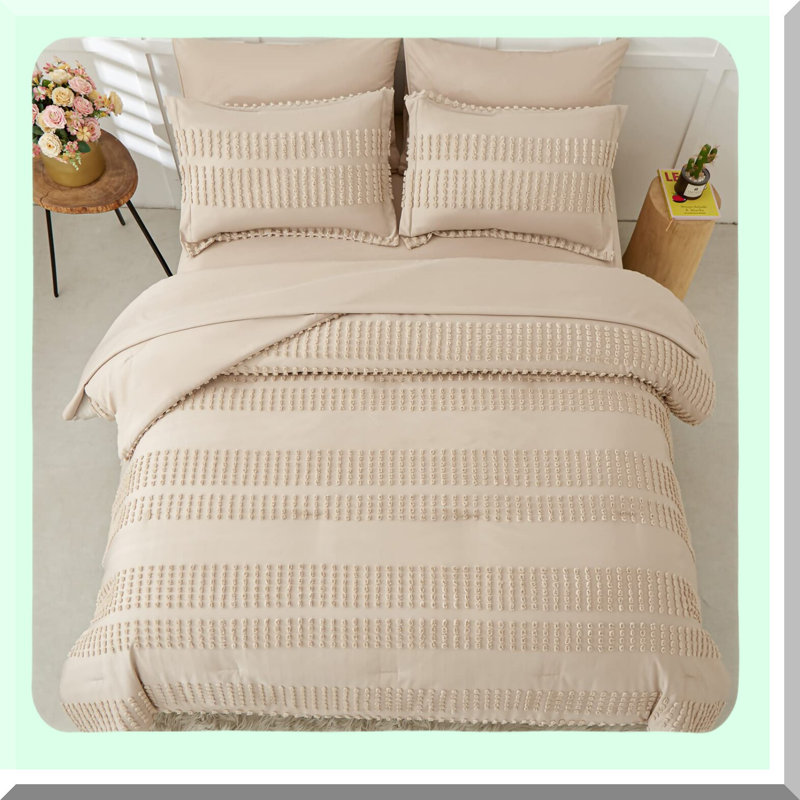 Boho Pom Pom Queen Comforter Set - 7 Piece Bedding Set with Sheets, All Season Microfiber Bed in a Bag - Queen Bed Set - Tufted Comforter Set