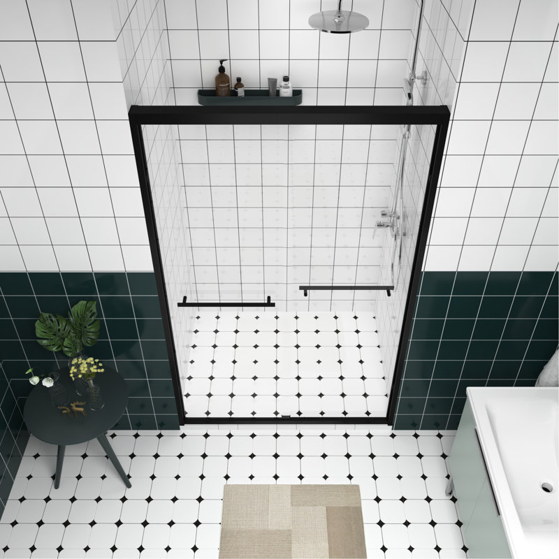 44 - 48" Adjustable Width Aluminum Frame Double Sliding Shower Door With Mute Rollers, Reversible Installation Feature