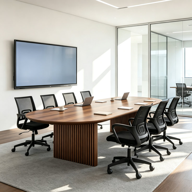 Ensemble de table de conférence ovale moderne en bois massif noyer, comprenant 8 chaises de bureau ergonomiques en filet avec roulettes