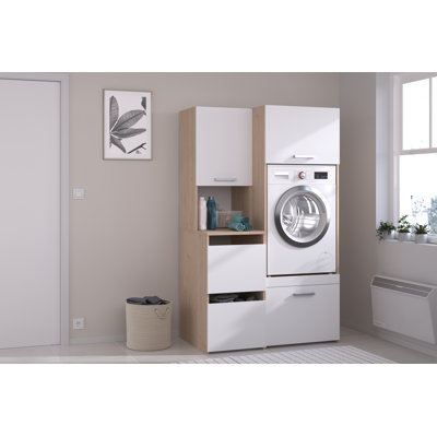 Cabinet for Two washing machines with cupboards -White/Oak