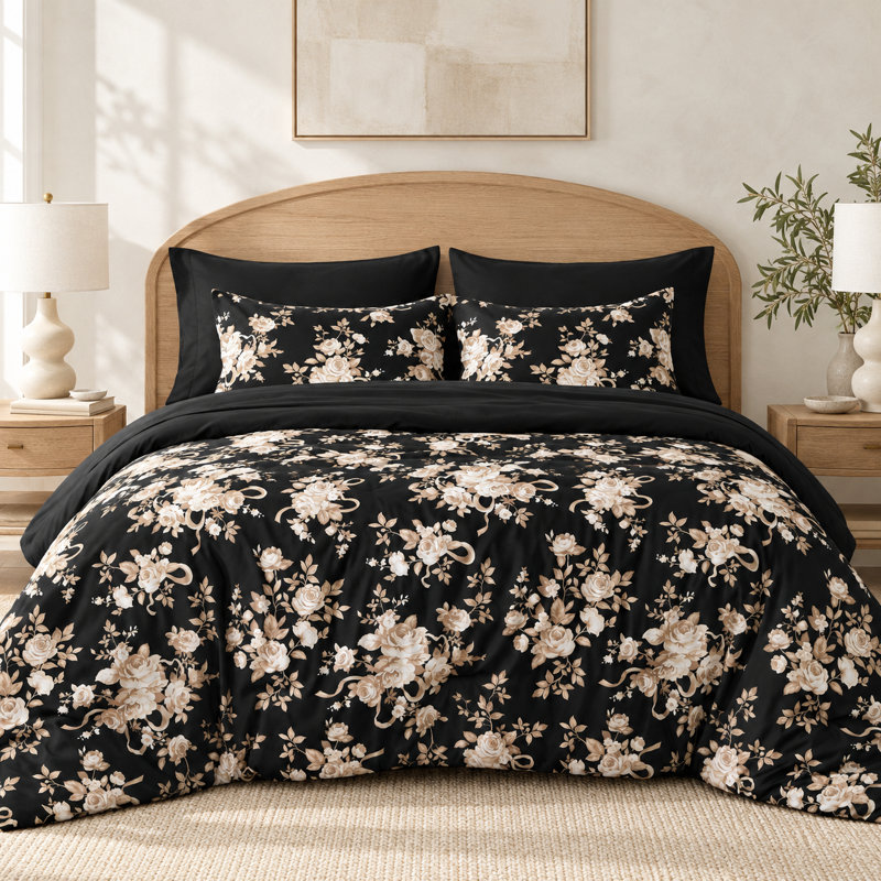 Ensemble de couette fleuri pour lit queen, parure de lit à fleurs de roses noires, ensemble de lit fleuri vintage doux, couette légère toutes saisons