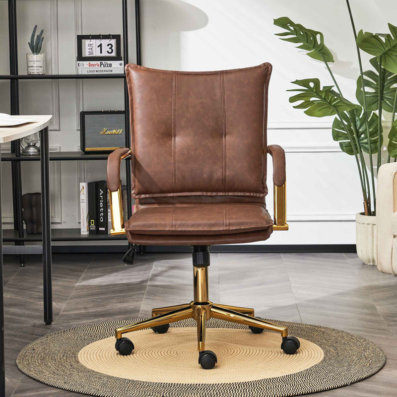 Chaise de travail en cuir Dareece avec accoudoirs rembourrés, Brun