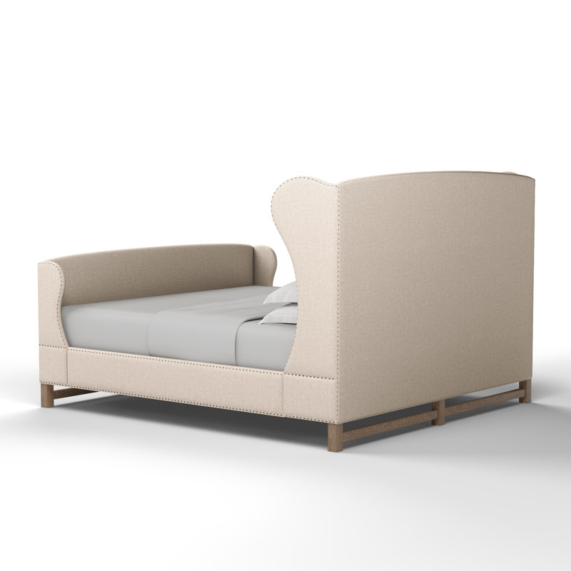 Herbert Upholstered Wingback Bed, Plush Velvet Oyster, California King, Weathered
