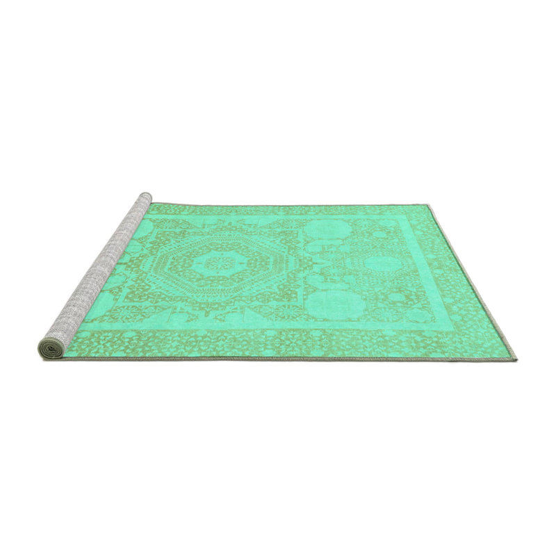 Tapis turquoise lavable à la machine Abstract 2607, Carré 6 pi