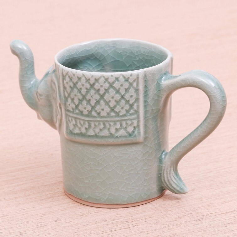 Celadon Ceramic Elephant Mug in Green from Thailand (10 oz