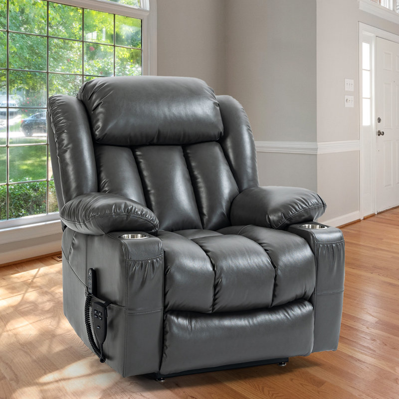 Harvey 38.1"W 180° Flat Lay Power Recliner, Massage Chair, Heater Lifting Chair, Light Gray Faux Leather