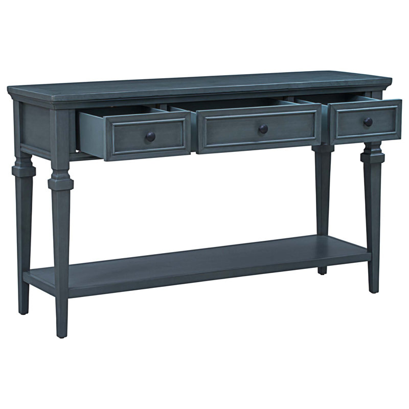 Console de style rétro classique avec trois tiroirs supérieurs et tablette inférieure ouverte, Bleu marine