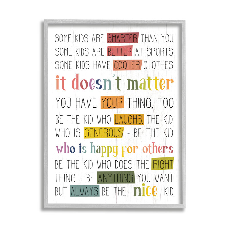 Be The Nice Kid Sentiments Rainbow Text Pop, Estampe numérique Farmhouse, H 14 po x l 11 po x P 1,5 po
