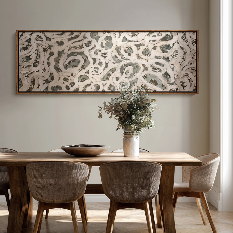 Très grand motif abstrait de boucles abstraites organiques dans des tons de vert sauge et ivoire, 20" H x 60" W, Natural