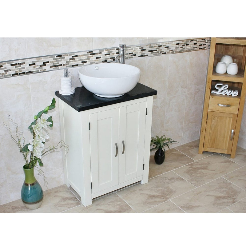 Robbs 650 mm Freestanding Single Vanity with Vessel Ceramic Basin, White, Black Quartz
