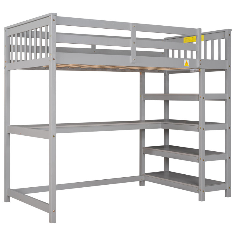Size Loft Bed With Storage Shelves And Under-Bed Desk, Grey