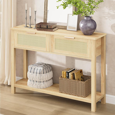 Zayer Rattan Entryway Table, 43" Console Table with Drawers, 2 Tier Sofa Table with Storage, Wooden Console Table for Entryway