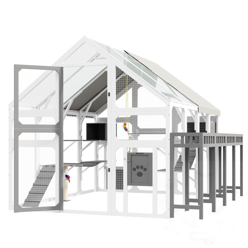 Grande maison pour chat avec couvercle imperméable en bois et extérieur, Grey/White