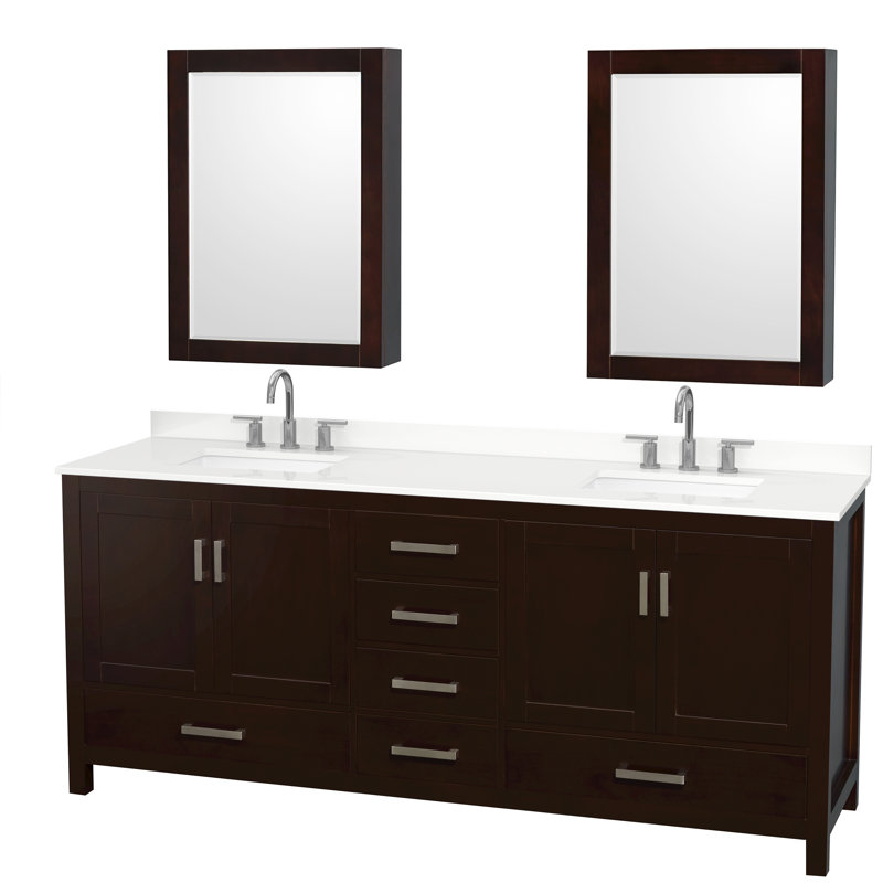 Sheffield 80" Freestanding Double Bathroom Vanity with Quartz Top with Medicine Cabinets, Brown, White Quartz