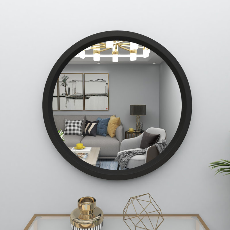Burel Circle Wall Mirror, 32" H x 32" W, Black