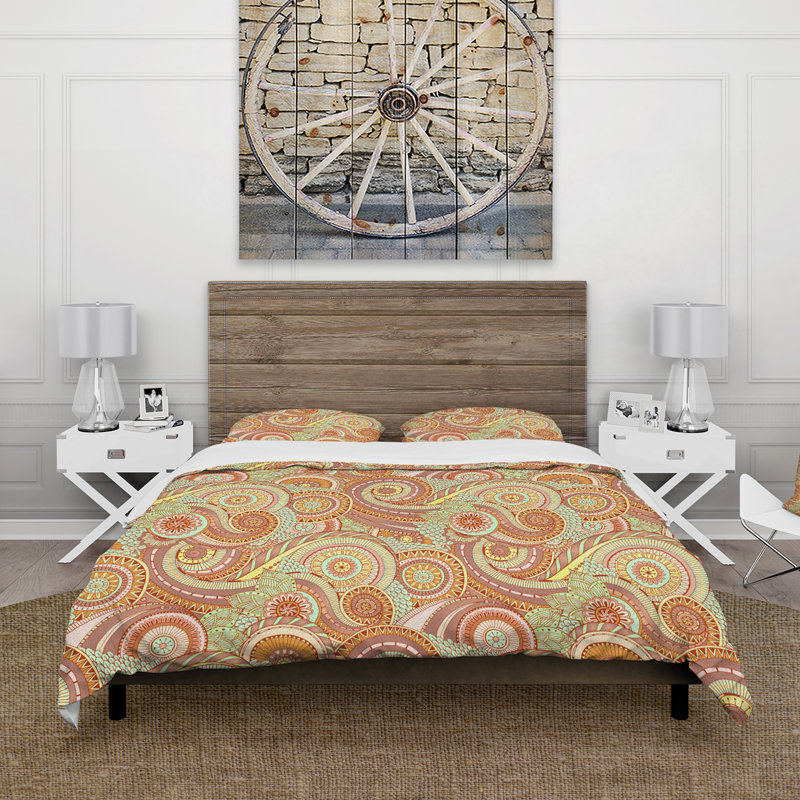 Paisley en orange et vert - Ensemble de housse de couette bohémien - Microfibre de polyester