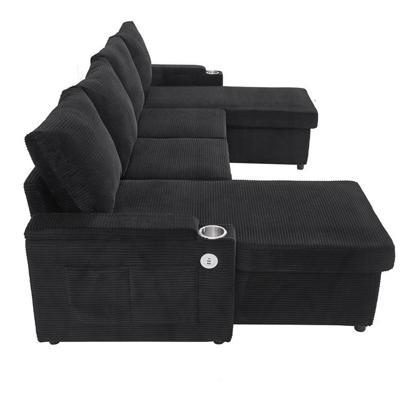 Canapé rembourré avec chaises longues de rangement, Noir
