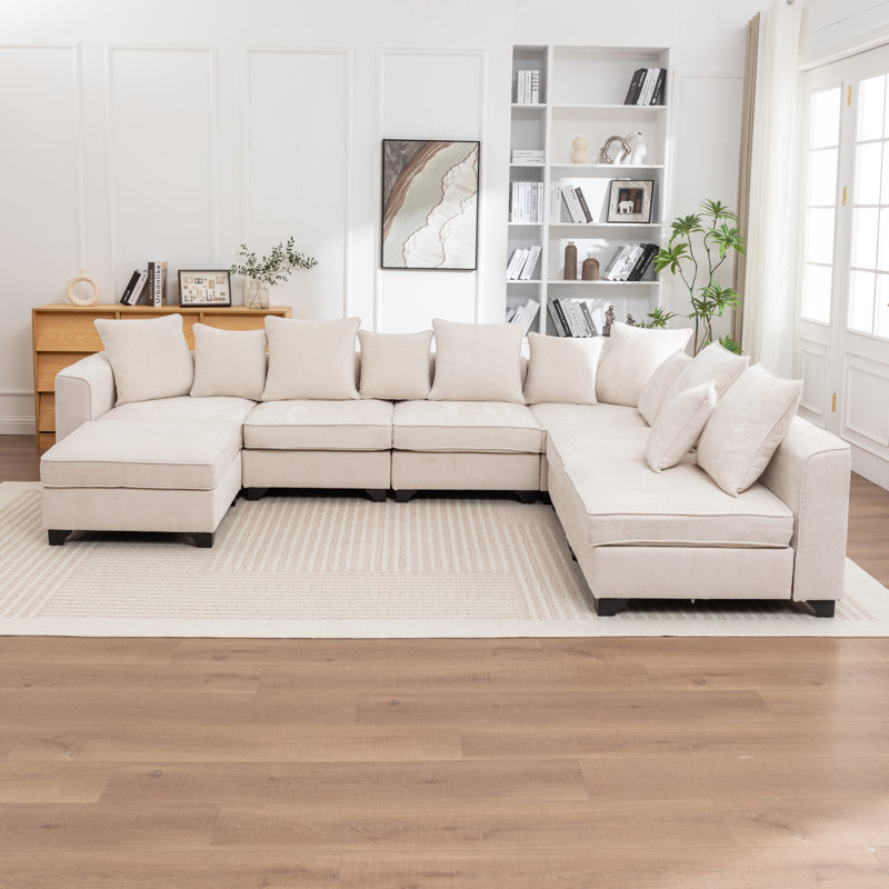 Canapé modulaire en U rembourré 7 pièces Kempson, Polyester beige