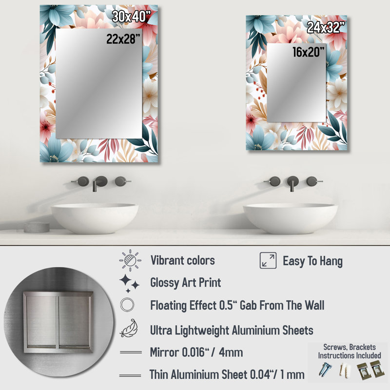 Kensingten Pastel Bohemian Flowers Pattern - Floral Mirror, Cottage Unique Wall Mirror, Printed Metal Art, 40" x 30"